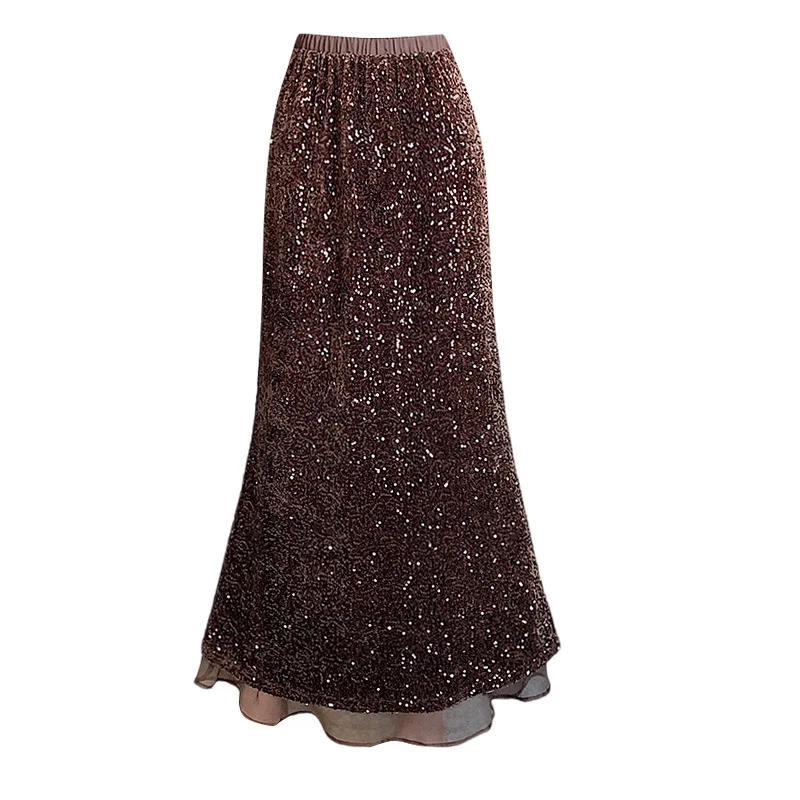 Retro กํามะหยี่ SHINY Sequins Midi กระโปรงผู้หญิงสะโพกกระโปรง Mermaid Chic ขนาดกลางยาวกระโปรงฤดูใบไม้ร่วงฤดูหนาวตรง Faldas OOTD