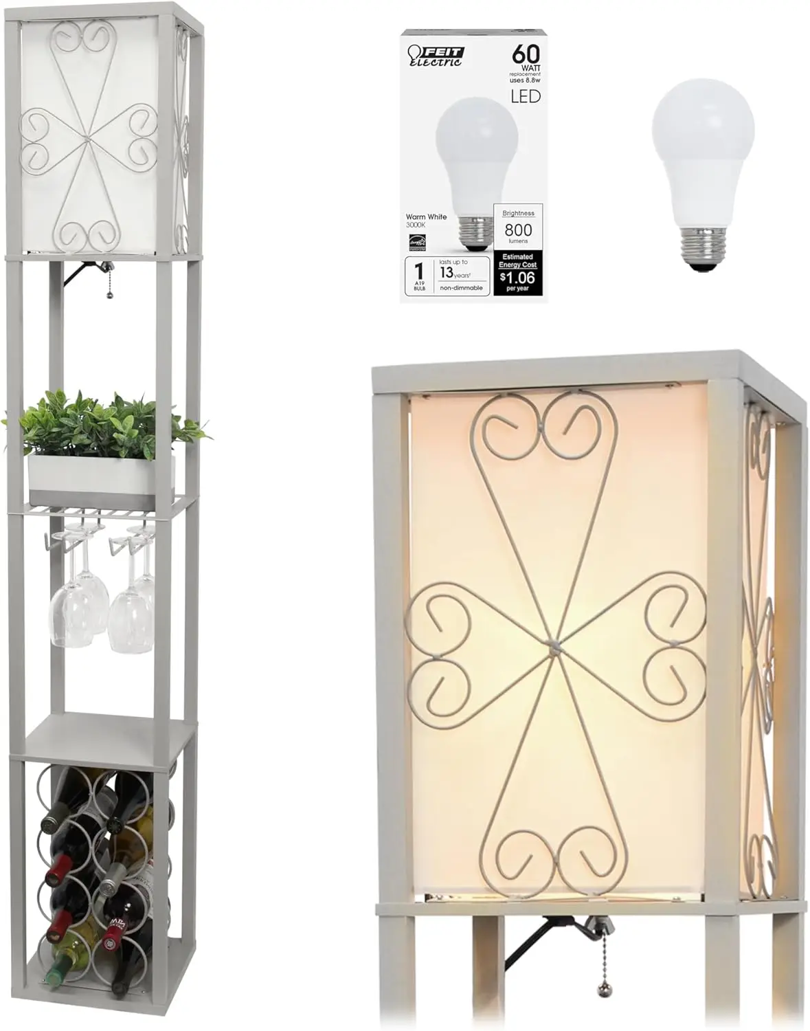 LF1015-GRY-LB Rak Etagere 3 Tingkat dengan Rak Anggur & Lampu Lantai, Abu-abu, Kap Lampu Linen Putih, Termasuk Bohlam LED Feit