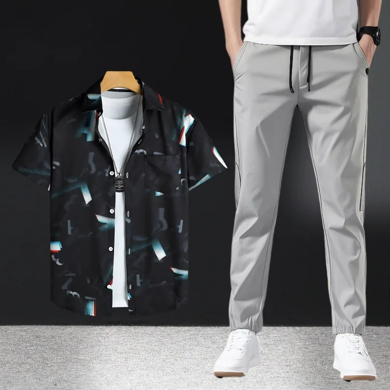 إنجلترا نمط رجل الصيف عارضة الزي قصيرة الأكمام طباعة القمصان والسراويل قطعتين مجموعة رقيقة النسيج خفيفة الوزن تنفس