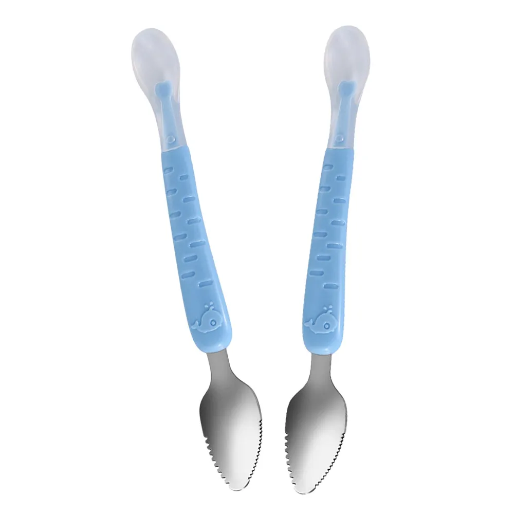 

2Pcs Dual-Head Baby Fruit Scoop Stainless Steel PP Silicone Lightweight Portable Safe Odorless Easy Use Infant Feeding Spoon