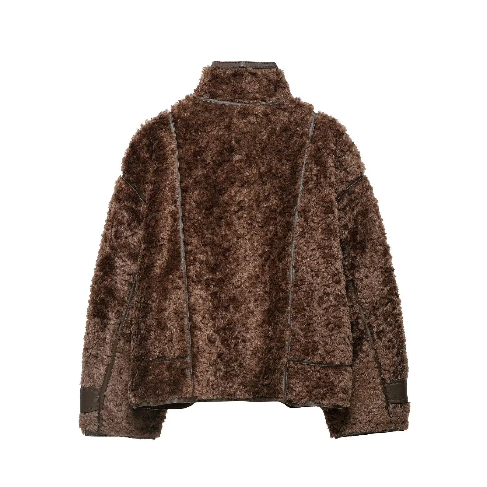 Retro American Brown Lambhair Women's Coat Slanted Button Stand Up Collar PU Leather Splicing Short Thick Motorcycle Fur Jacket