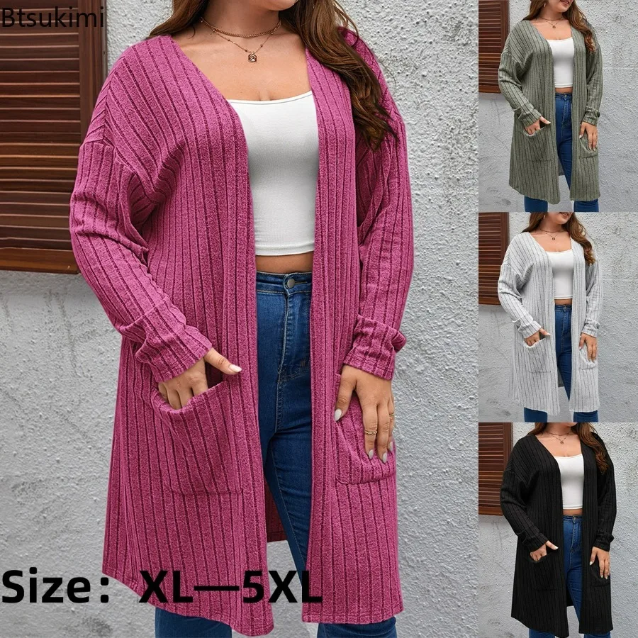 2024 Women\'s Knitted Plus Size Outwear Cardigans Jacket Fall Winter Clothes Knitted Coat Fashion Long Top with Pockets Wholesale