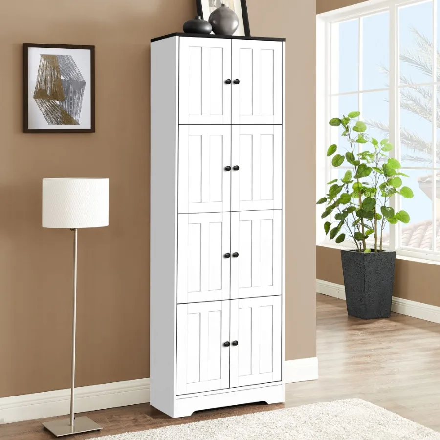 

Tall Storage Cabinet with 8 Doors and 4 Shelves Wall Storage Cabinet for Living Room Kitchen Office Bedroom Bathroom White