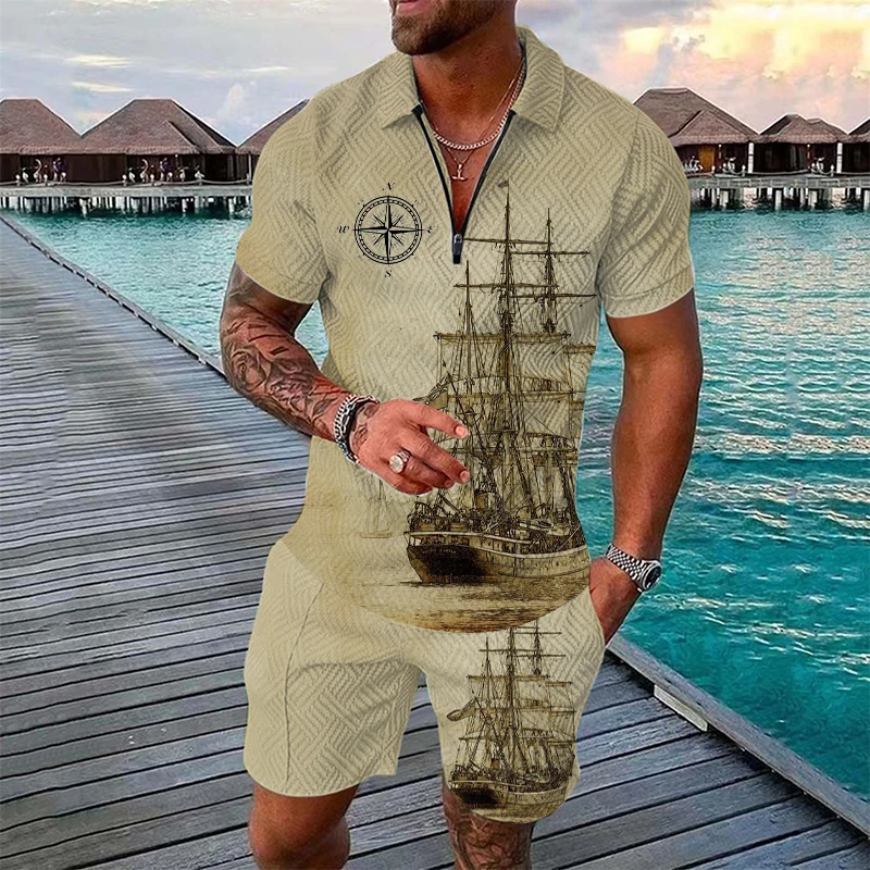 

Men's Vintage Navy Ship Print Henley - 100% Polyester, Stretch Fabric with Zipper Detail and Collar, Casual Short Sleeve Pullove