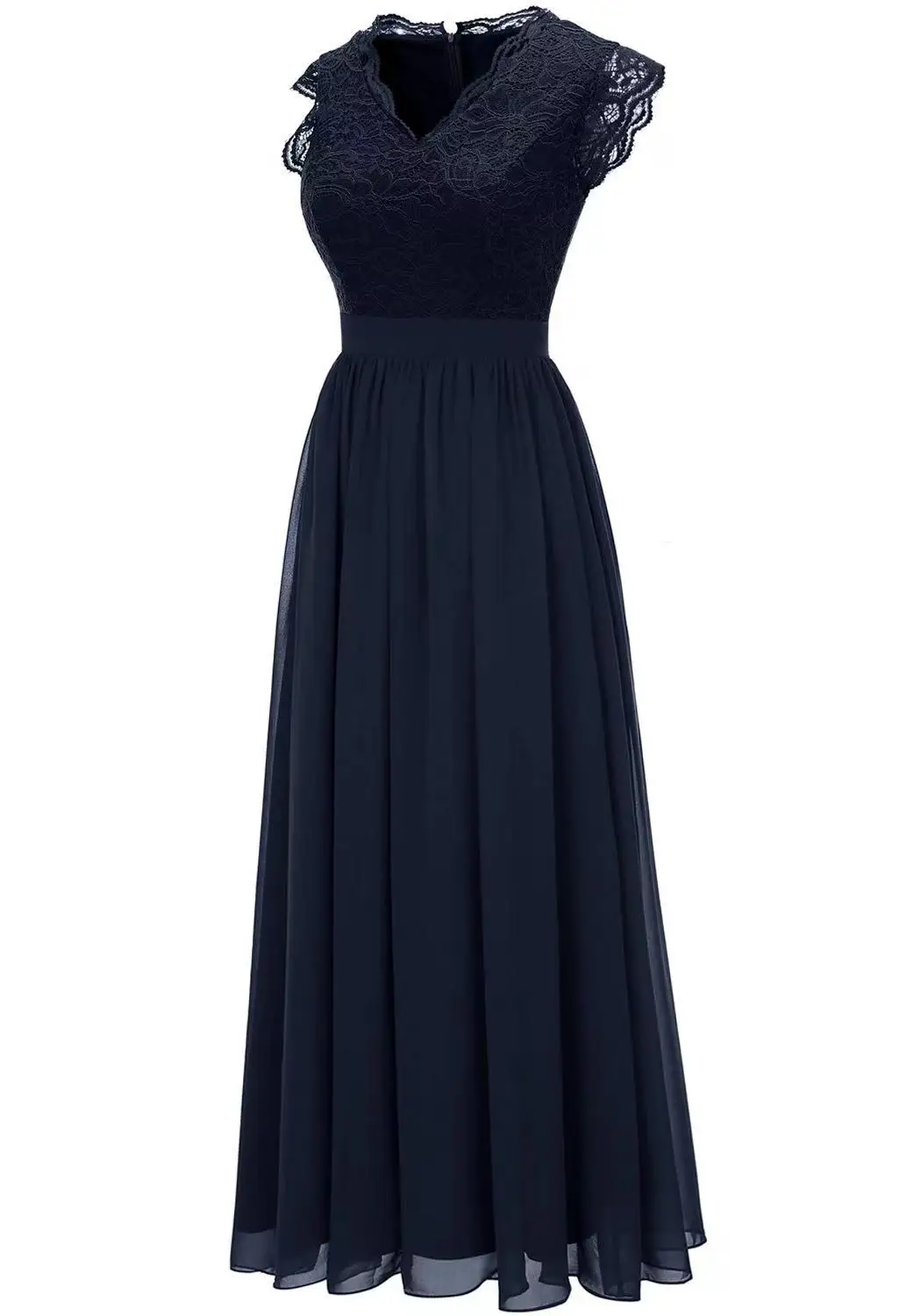 Sexy Hollow V-Neck Sleeveless Lace Splicing Chiffon High Low Two Layers Long Dress