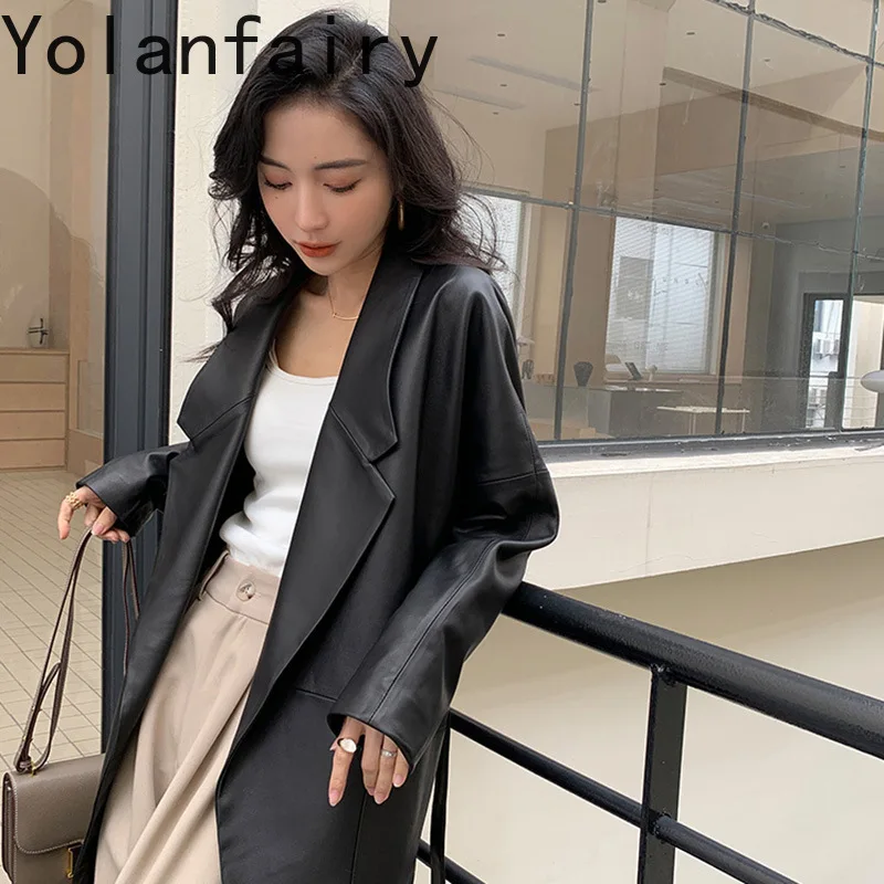 YOLANFAIRY High Quality Genuine Leather Jacket Women Elegant Mid-length Real Sheepskin Coat Belted Fashion Leather Trench Coats