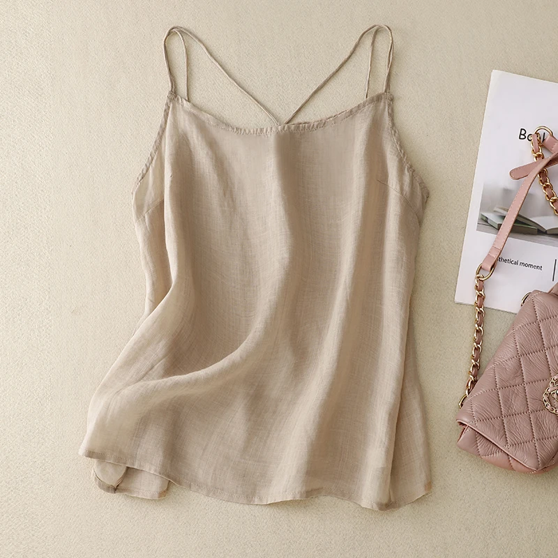 Pure Flax Backless Cross Design Women's Vest Summer Commute Style Loose Fit Inner Wear Single Piece Regular Length