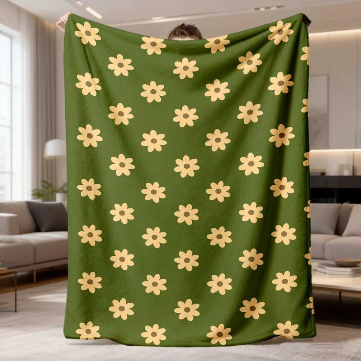 Simple Yellow Daisy Floral Repeat Pattern Dark Green Background Flannel Throw Blanket, Warm Cozy Blanket, Cottage Room Gift