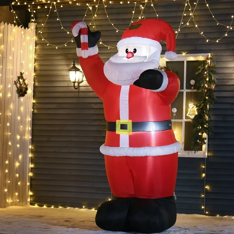 HOMCOM 8ft نفخ سانتا كلوز مع قصب الحلوى، نفخ في الهواء الطلق LED ديكورات للباحة، مناسبة لحفلة حديقة الحديقة