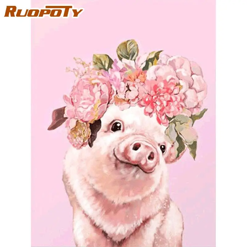 

RUOPOTY Square Diamond Painting Flower Pink Pigs Embroidery Mosaic Pictures Handmade Craft Kit Needlework Home Decor