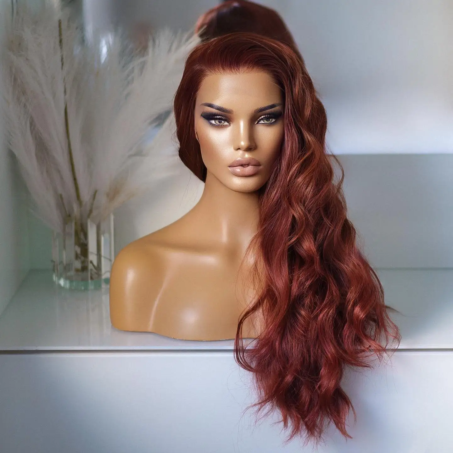 Orange Ginger Body Wave Glueless Synthetic Hair Lace Front Wig For Black Women High Temperature Fiber Cosplay