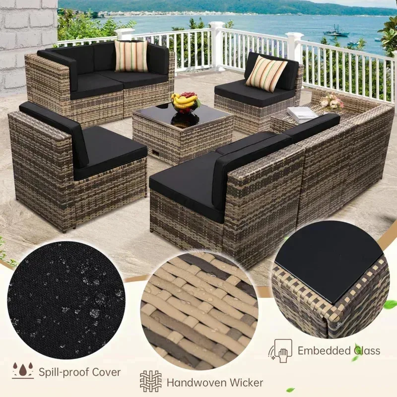 QAZ8-Q8 pieces outdoor Wicker rattan patio sectional furniture set.glass top table with hidden storage.7 sofa sections.oversized