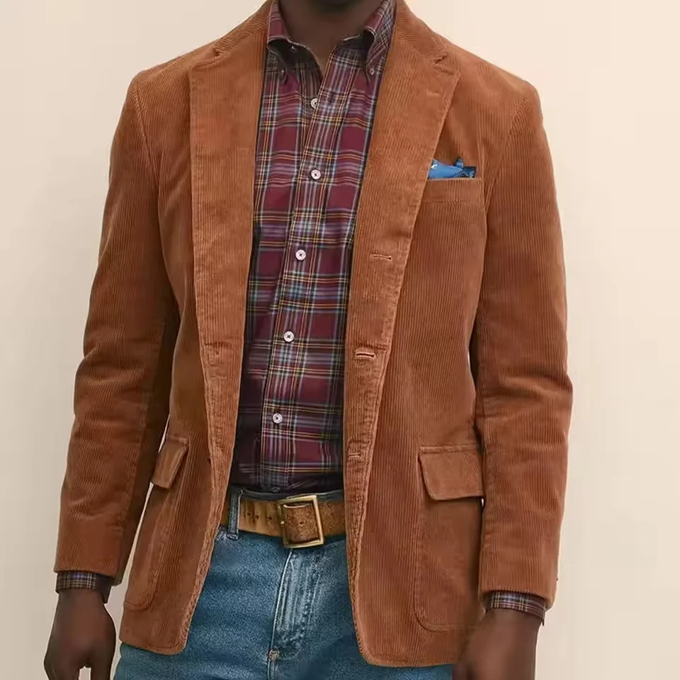 Men's Corduroy Blazer Jacket Single Breasted Notched Lapel Coat Business Casual Suit Outerwear Coat For Banquet Wedding Party