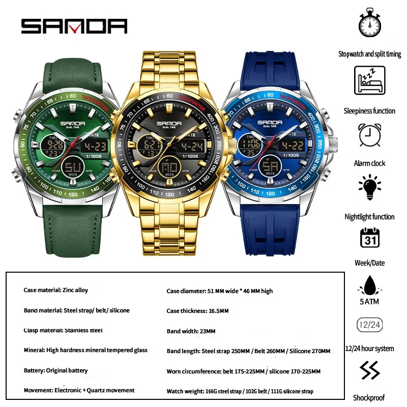 جديد 2025 ساعة عمل رجالية مقاومة للماء رقمية تناظرية متعددة الوظائف شاشة مزدوجة إنذار مضيء ساعة يد إلكترونية #3