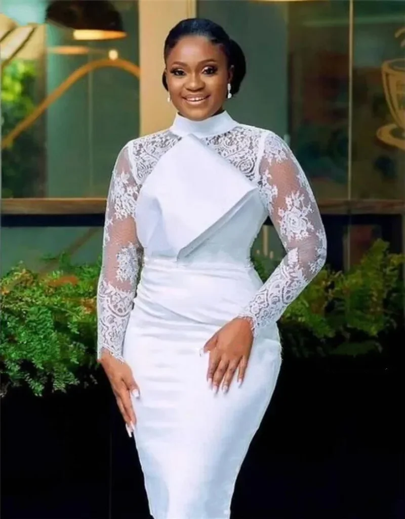 Customized Aso Ebi Short Cocktail Dresses Merimaid High Neck Lace White Wedding Guest Dress Long Sleeves Robe