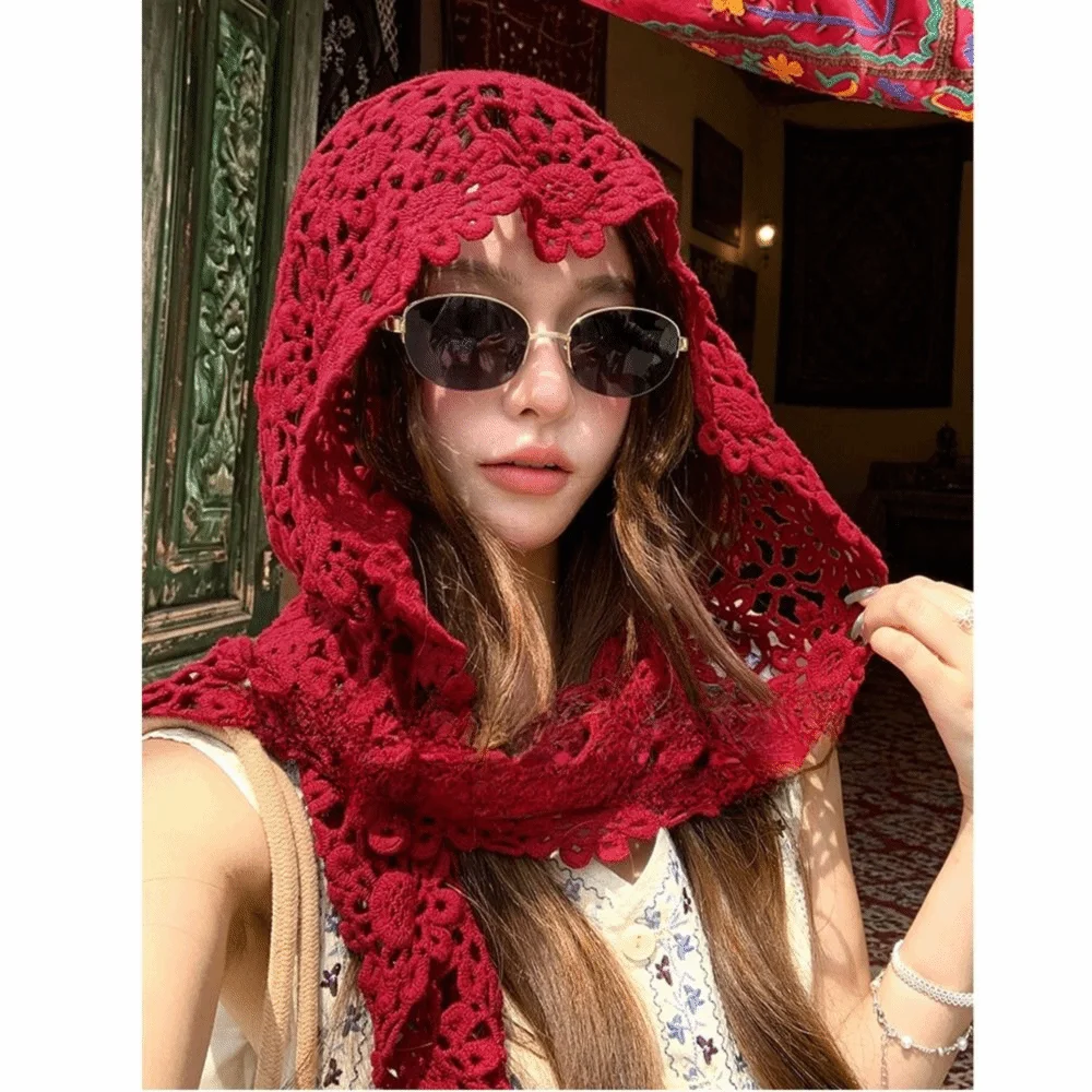 Cute Hollow Out Retro Knitted Hat Handmade Thin Pullover Beanie Multi-use Face Slimming Crocheted Flower Headwear Photography