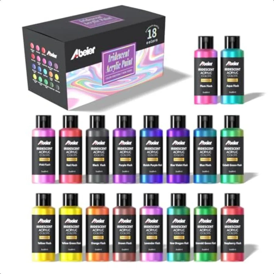 

ABEIER Iridescent Acrylic Paint Set of 18 Chameleon Colors 2 oz 60ml Bottles Colorshifting NonToxic High Viscosity Blendable Pa