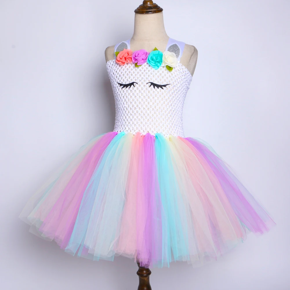 Girls Princess Unicorn Tutu Dress Outfit Pastel Flowers Baby Girl Birthday Party Dresses Tulle Kids Halloween Cosplay Costumes