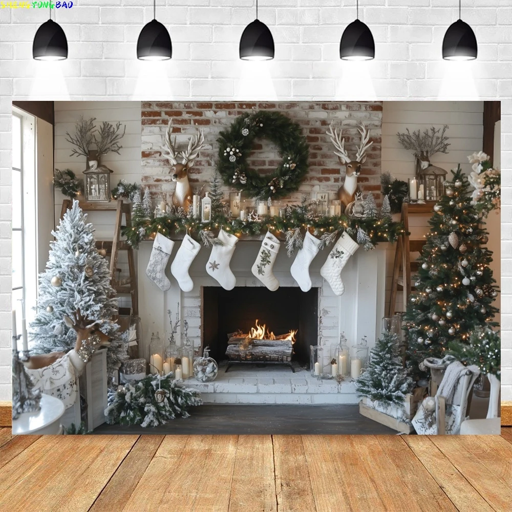 

White Christmas Fireplace Photo Background Christmas Trees Stockings Kids Family Holiday Party Banner Decor Photography Backdrop