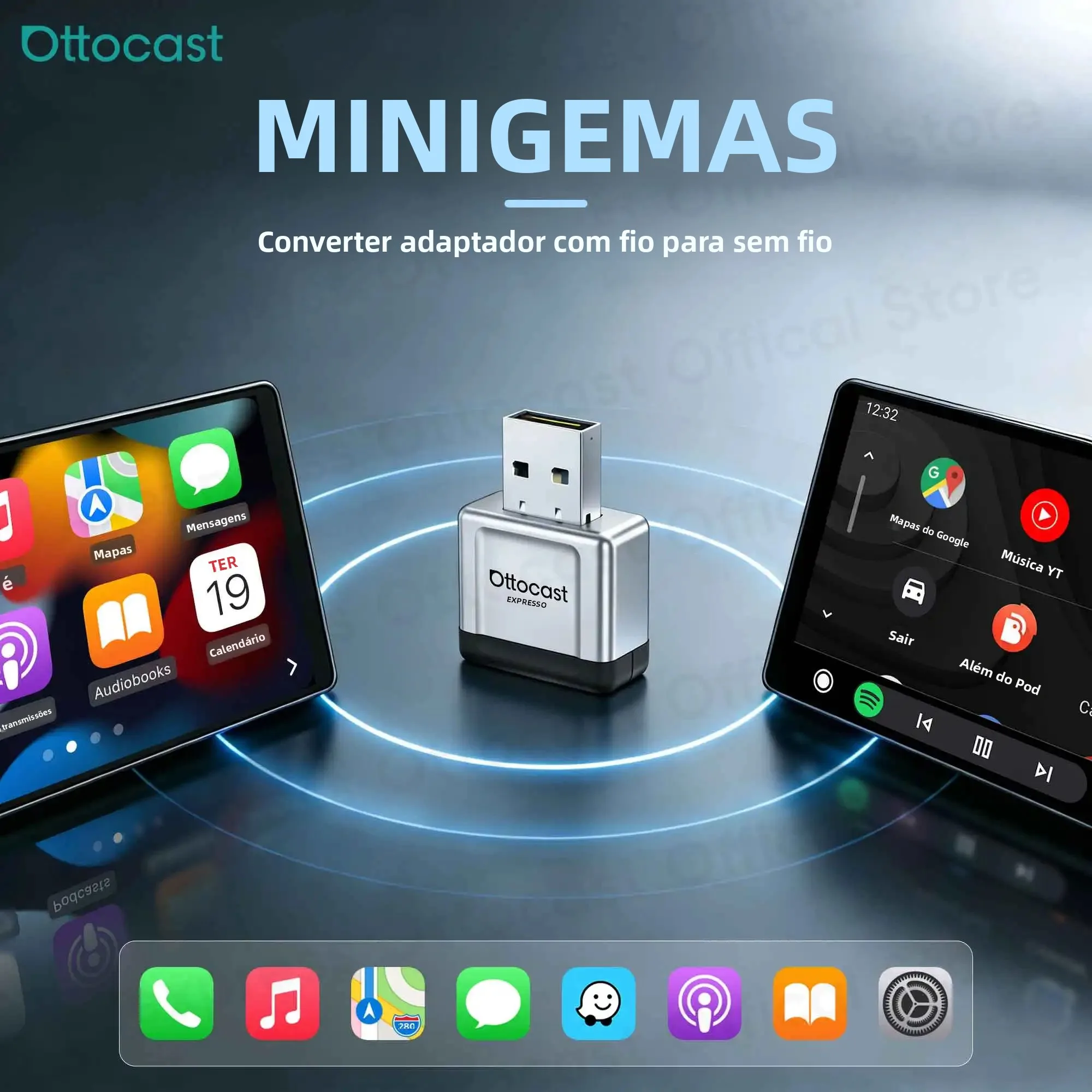 Adaptador OTTOCAST Express MINI Gem 3.0, Dongle Wireless CarPlay Android Auto, Acessórios para Carro com WiFi e Bluetooth para Ford, Toyota, VW, Kia