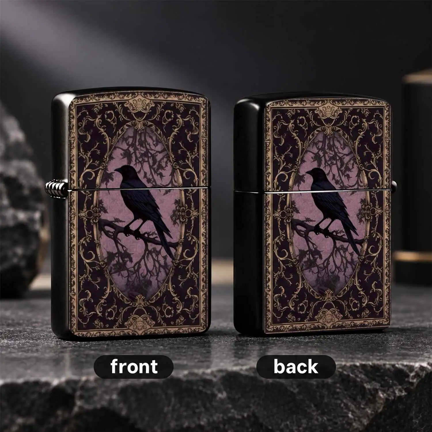 Vintage Gothic Raven Pattern , Antique Gold Ornate Frame Dark Swirl Design, Windproof Durable , Dark Aesthetics Collectible, Unique Portable Ignition Tool, Ideal Gift For Eerie Style Enthusiasts Daily Use A Fun And Humorous Lighter