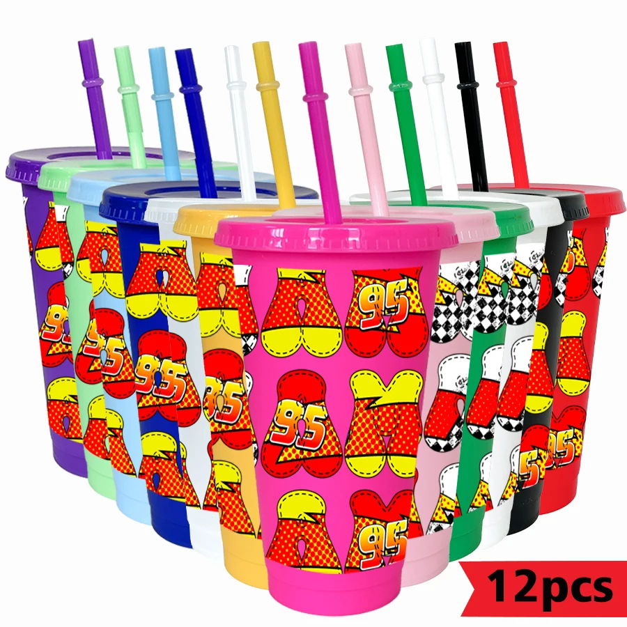 12pcs/pack Disney,Lightning McQueen,Racing 26oz Colored Plastic Tumbler Birthday Party Drinking Utensils Juice Coffee Mug