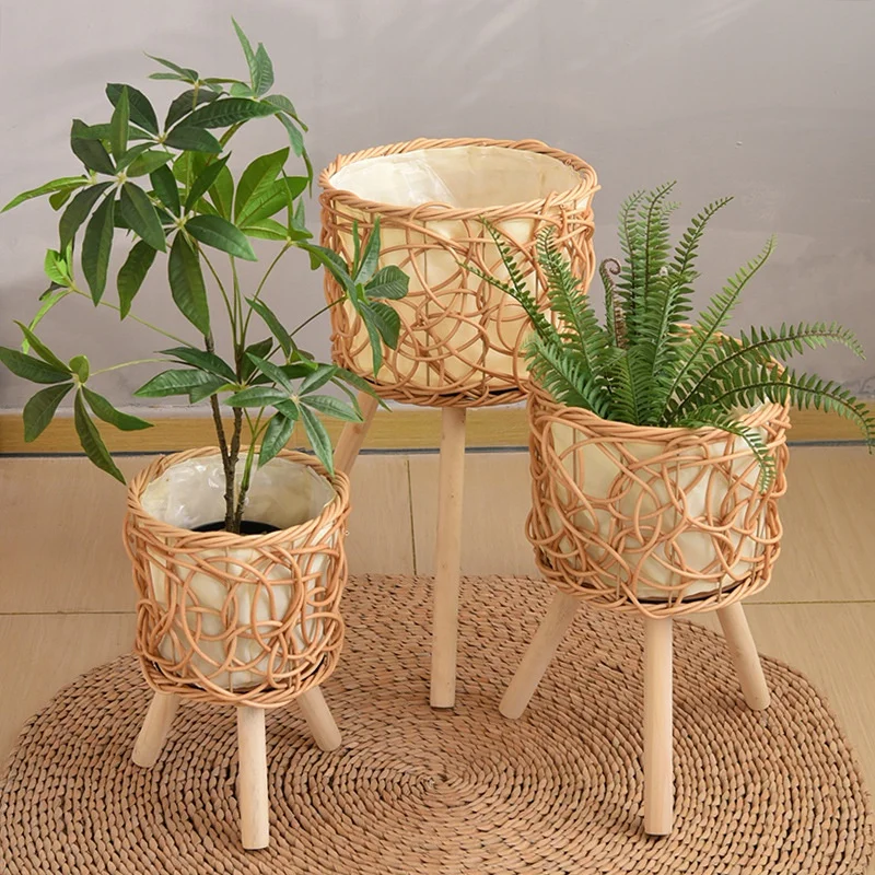 Balcony Floor-Standing Plant Baskets Woven Flower Pots Living Room Decorative Flower Stands Indoor Storage Racks