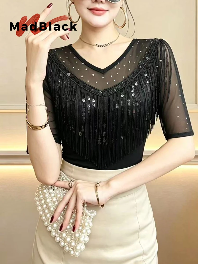 MadBlack-Women European T-Shirt, Sexy V Neck Tassel Sequins, Clubwear Short Sleeve Slim M-3XL Thin Tee, 2026 Summer New T67201CC