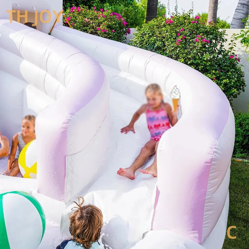 fast air shipping to door, 20x13ft 6x4m inflatable splash pad toddlers bouncy house, white pastel pink bounce water slides