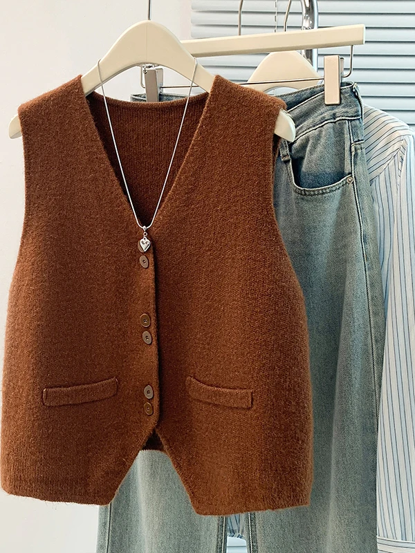 

Ele Knitted Vest Women's Faion Autumn 2025 New Loose Layering Suit oulder Top Button V-ne Color Commute Sle