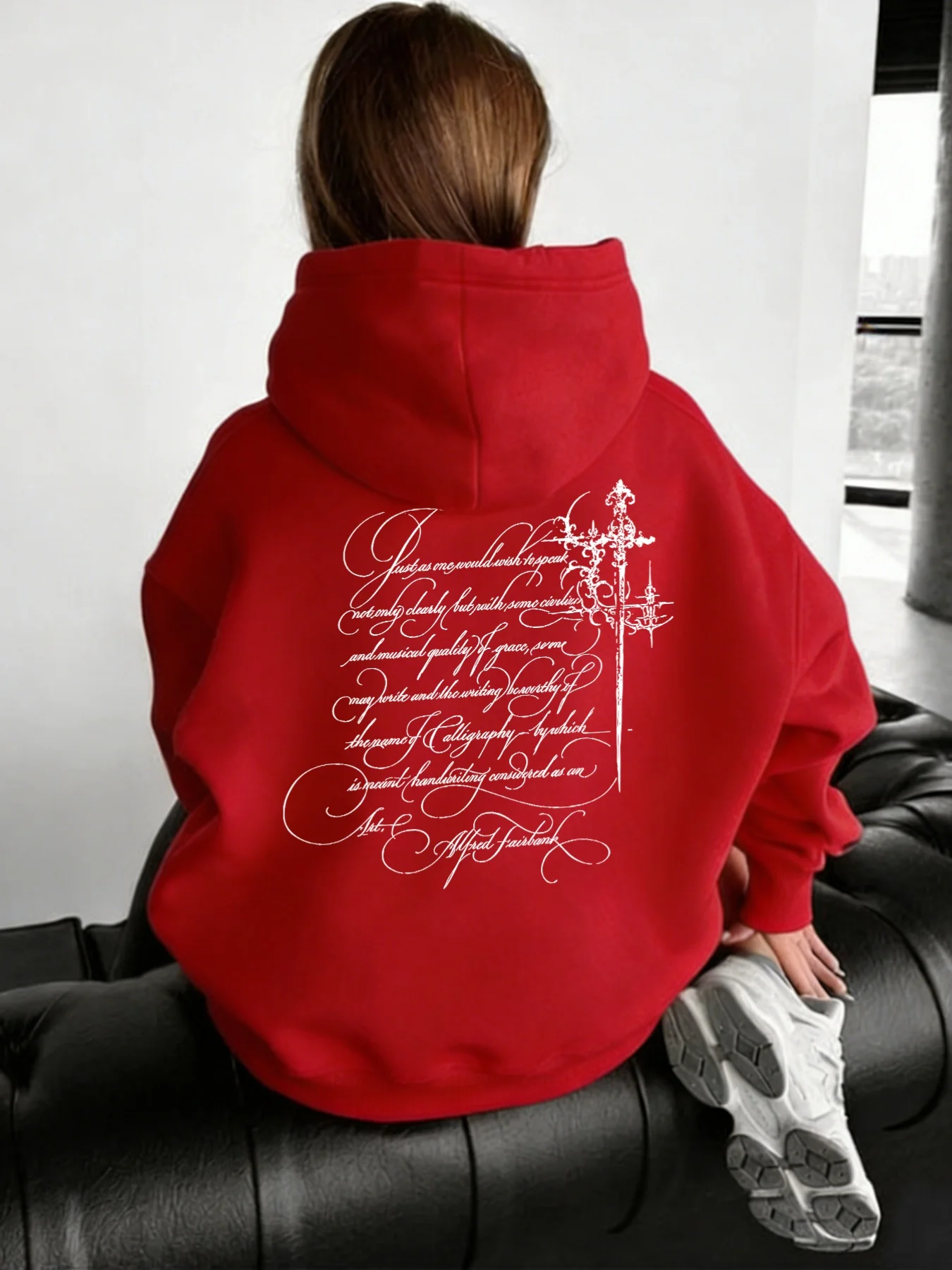 Flower body English sword element printed hooded sweatshirt, high street loose pullover hoodie autumn and winter new item unisex