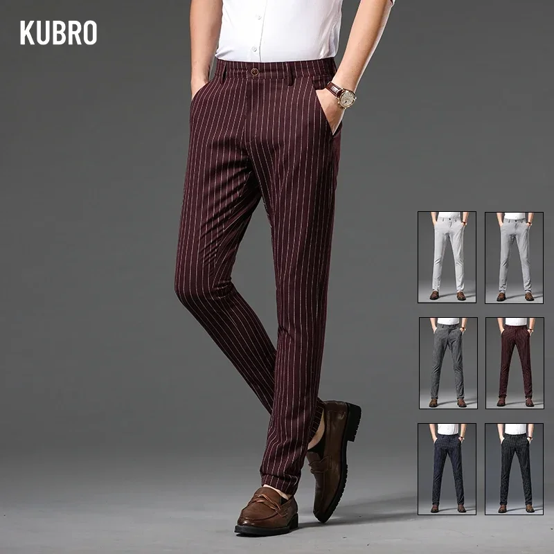 

KUBRO Fashion New High Quality Men's Suit Pants Straight Long Classic Business Brand England Stripe Elastic Casual Trousers Male