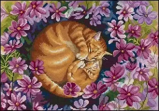 Quality Beautiful Counted Cross Stitch Kits Embroidered Home Decoration Panna 7044 Sleeping Kitten in the Flowers