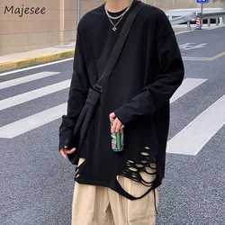Men Long Sleeve T-shirts Ripped Clothes Simply Streetwear Handsome Solid All-match Cool Hip Hop Ulzzang Teens Male Fashion