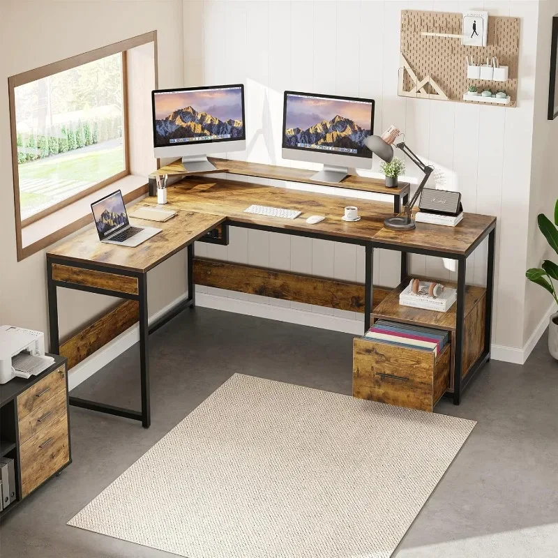 

YITAHOME Desk with File Drawer, Computer Desk with Lift-top, Corner Desk, Height-adjustable Standing Desk with Monitor Stand