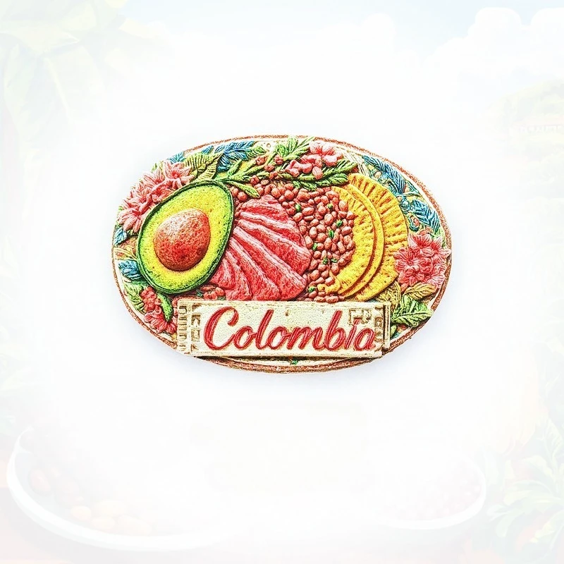 Colombian Food Platter Fridge Magnet - 3D Arepa & Coffee Souvenir Tropical Fruit Decor Unique Latin Gift