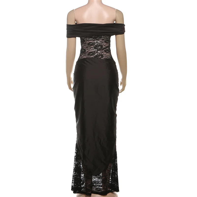 레이스업 새틴 패치워크 시스루 레이스 바디콘 맥시 파티 드레스 여성 우아한 섹시한 루치드 오프숄더 생일 롱 드레스