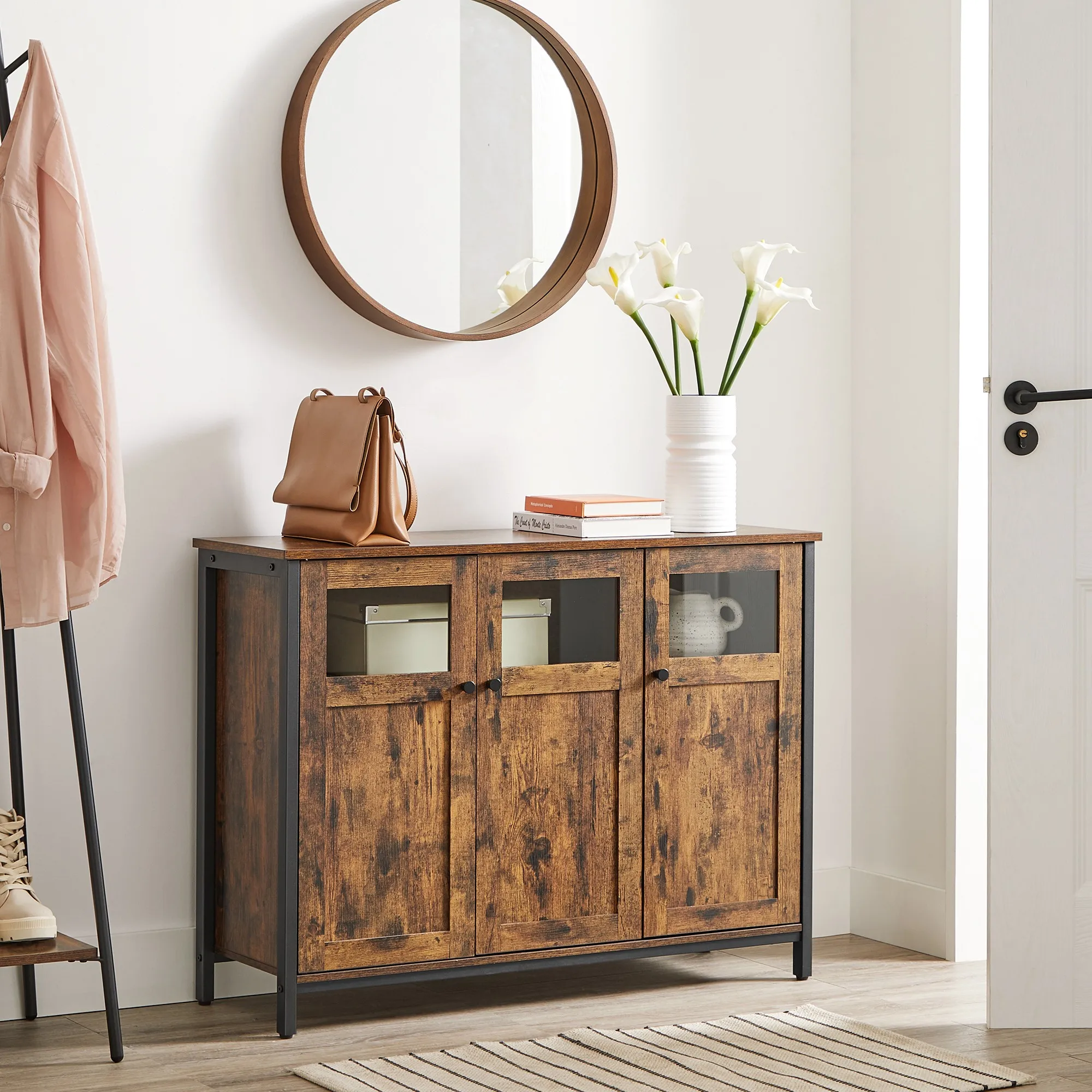 VASAGLE Industrial Style Sideboard with Glass Doors, Steel Frame, Rustic Brown/Ink Black