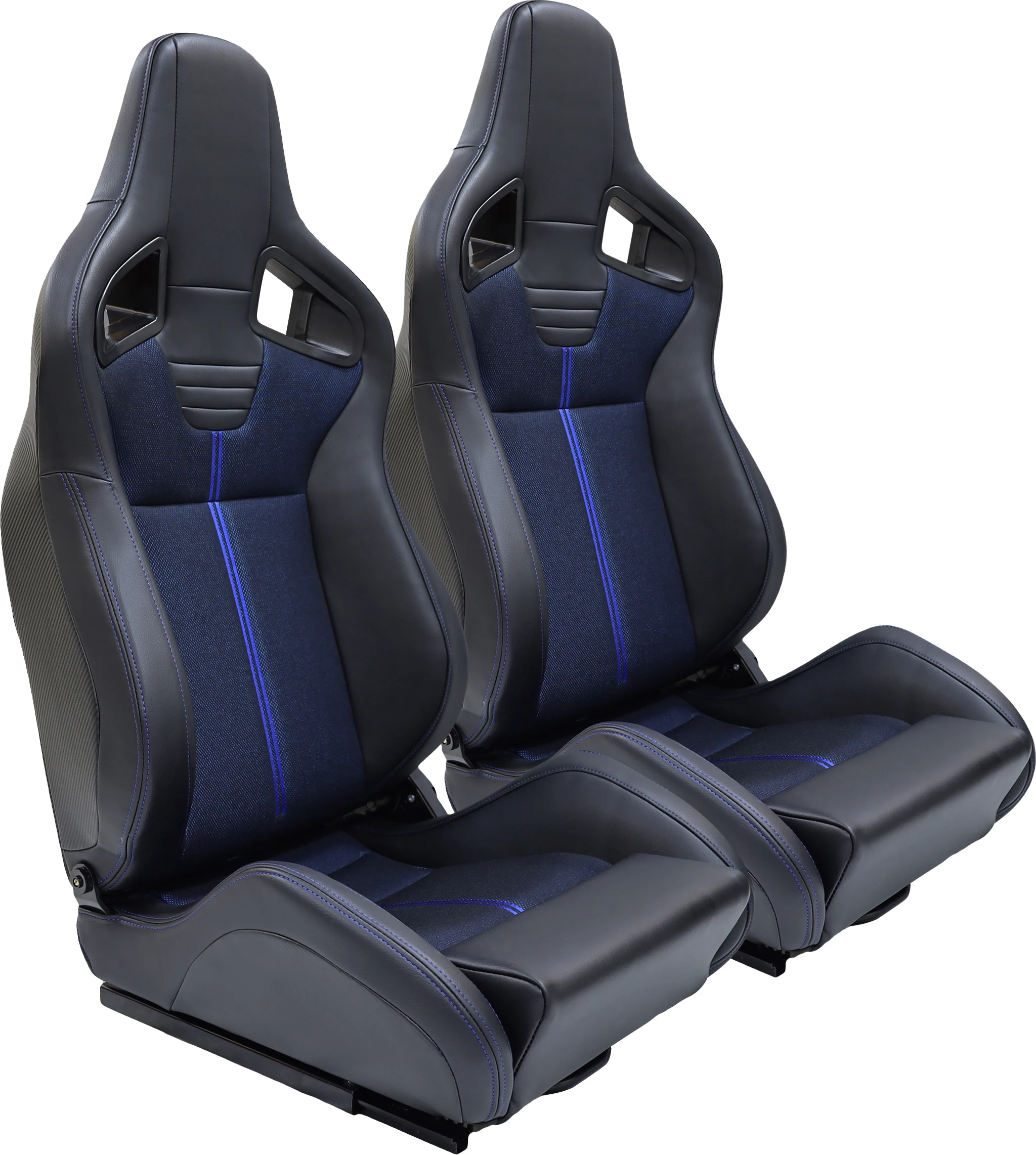 1 Pair Universal Bucket Racing Seats for Cars with Dual Lock Sliders, Black and Blue PVC Leather, 165° Adjustment Reclinable Car