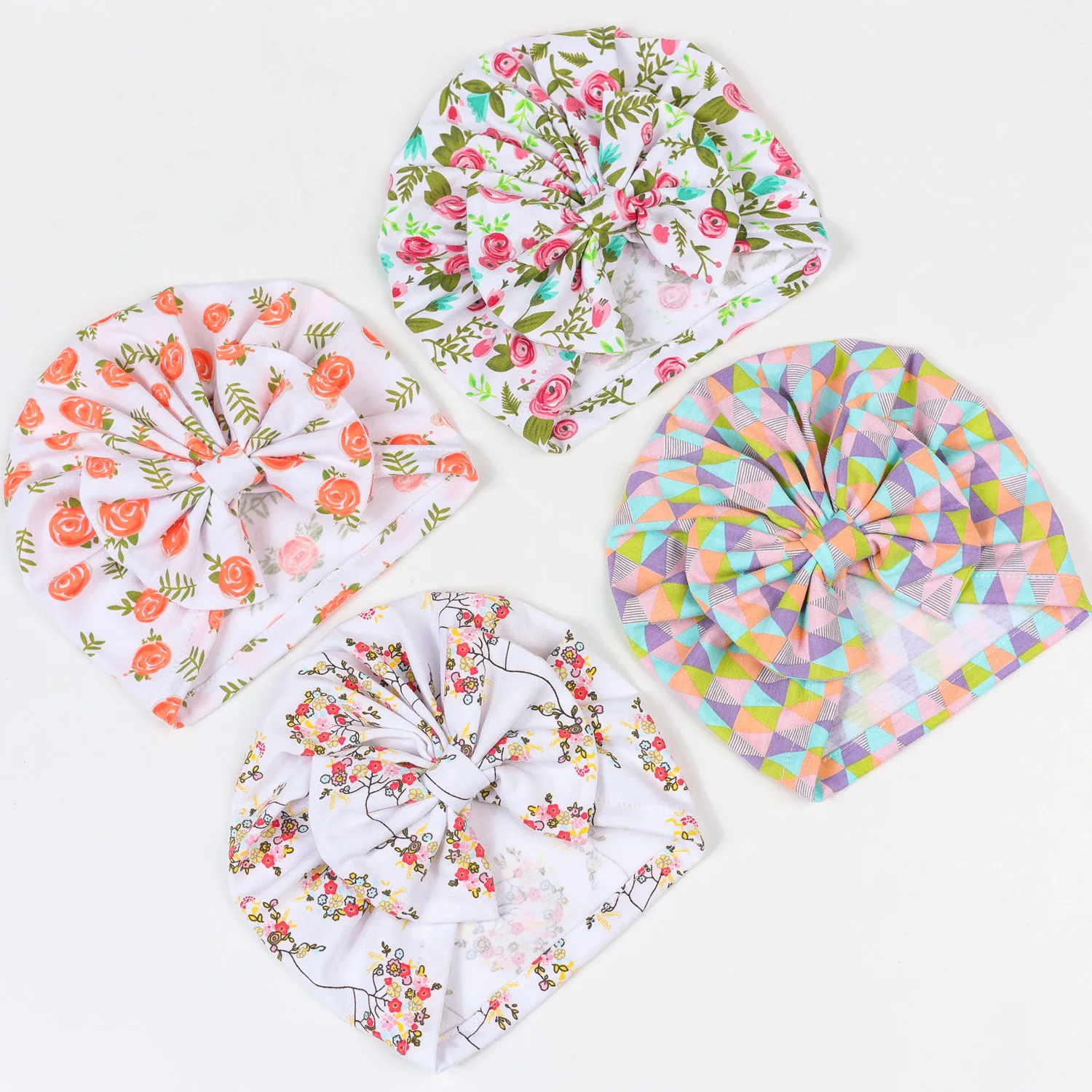 Floral Fabric Baby Knot Bow Turban Beanie Hat Infant Newborn Bonnet Hospital Cap Baby Shower Gift Hair Accessories