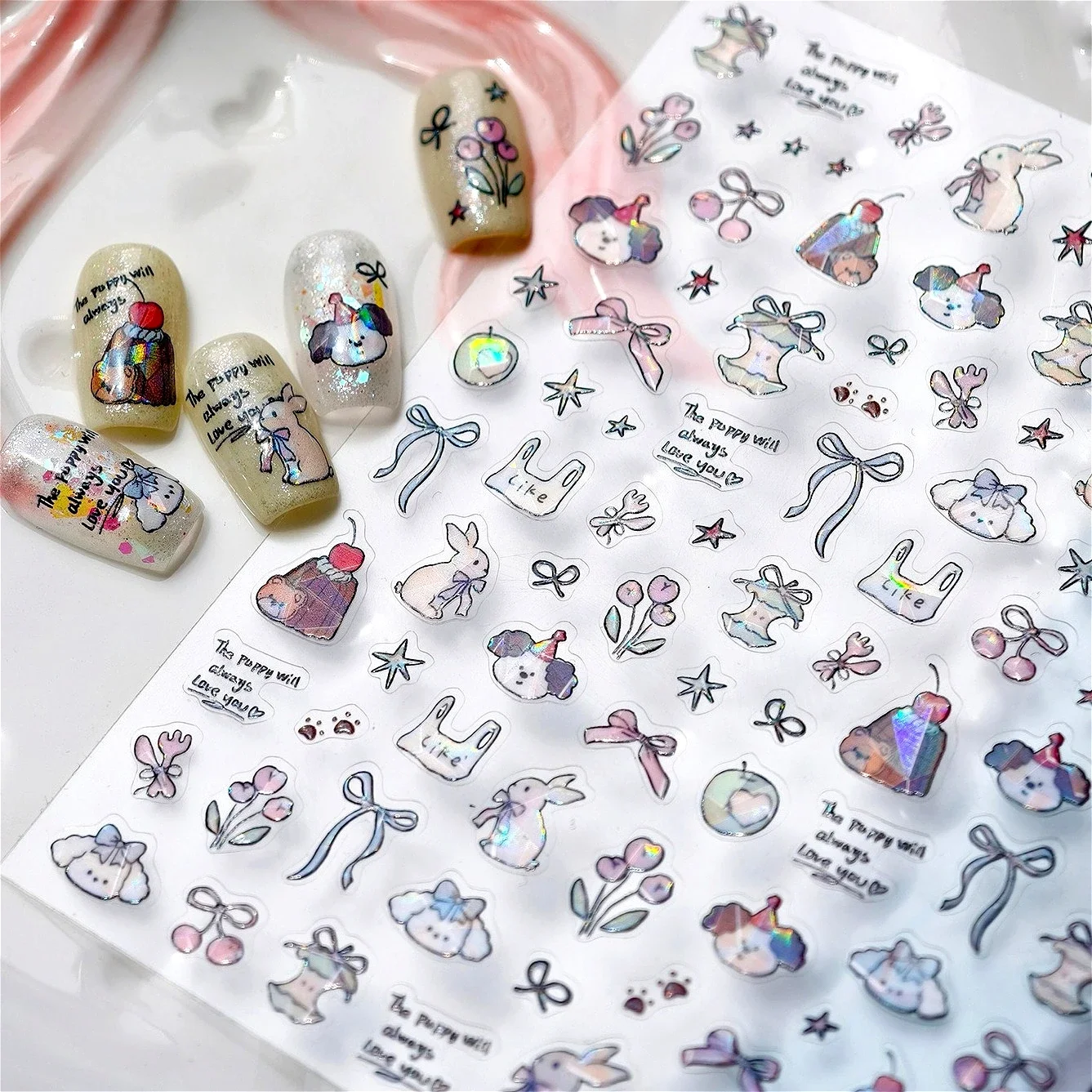 

Cute Rabbit Bunny Apple Bowknot Bear Dog Footprint Plastic Bag Tulip Fork Spoon Chic 5D Nail Art Stickers Animals Manicure Decal