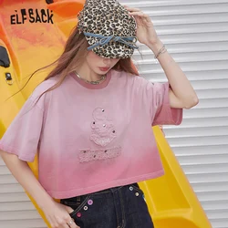 ELFSACK 2024 Summer New Arrivals Pink gradient rivet short sleeved T-shirt women's loose pure cotton short top