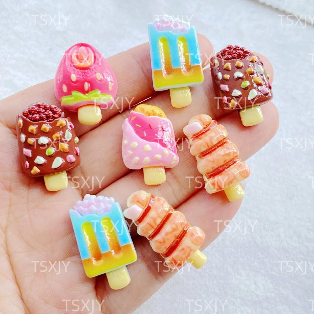 10Pcs New Models Resin Cute Cartoon Chocolate, Strawberry Popsicles Series Flat Bottom Scrapbook DIY Jewelry Craft Decoration
