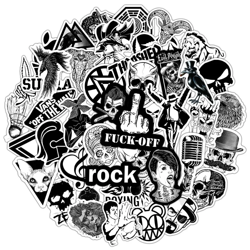 10/30/50PCS Black and White Rock Style Stickers Decorative Luggage Laptop iPad Motorcycle Car Table Waterproof Sticker Wholesale