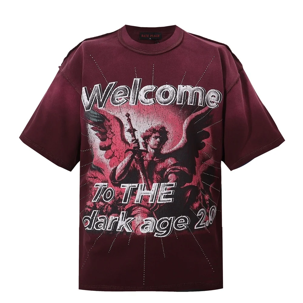 

Vintage Washed Pink Angel Print Rhinestone T-shirt Men Oversized Streetwear Y2K Gothic Grunge Crew Neck Casual Graphic Tee