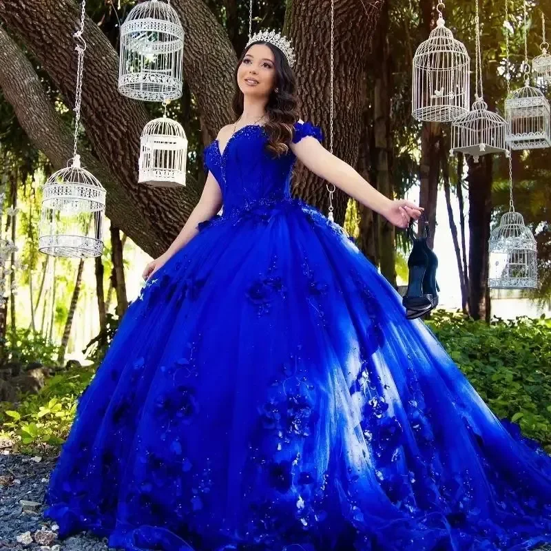 ROYAL BLUE Ball Gown ลูกปัดปิดไหล่ Quinceanera ชุด Tull PARTY วันเกิดรัดตัวหวาน Vestidos De 15 Anos ที่กําหนดเอง