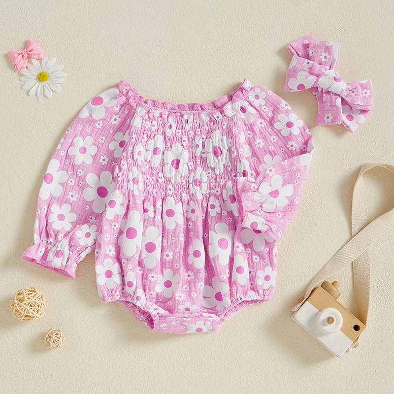 Wiosenne stroje dla małych dziewczynek Romper z długim rękawem i kwiatowym nadrukiem z kokardką