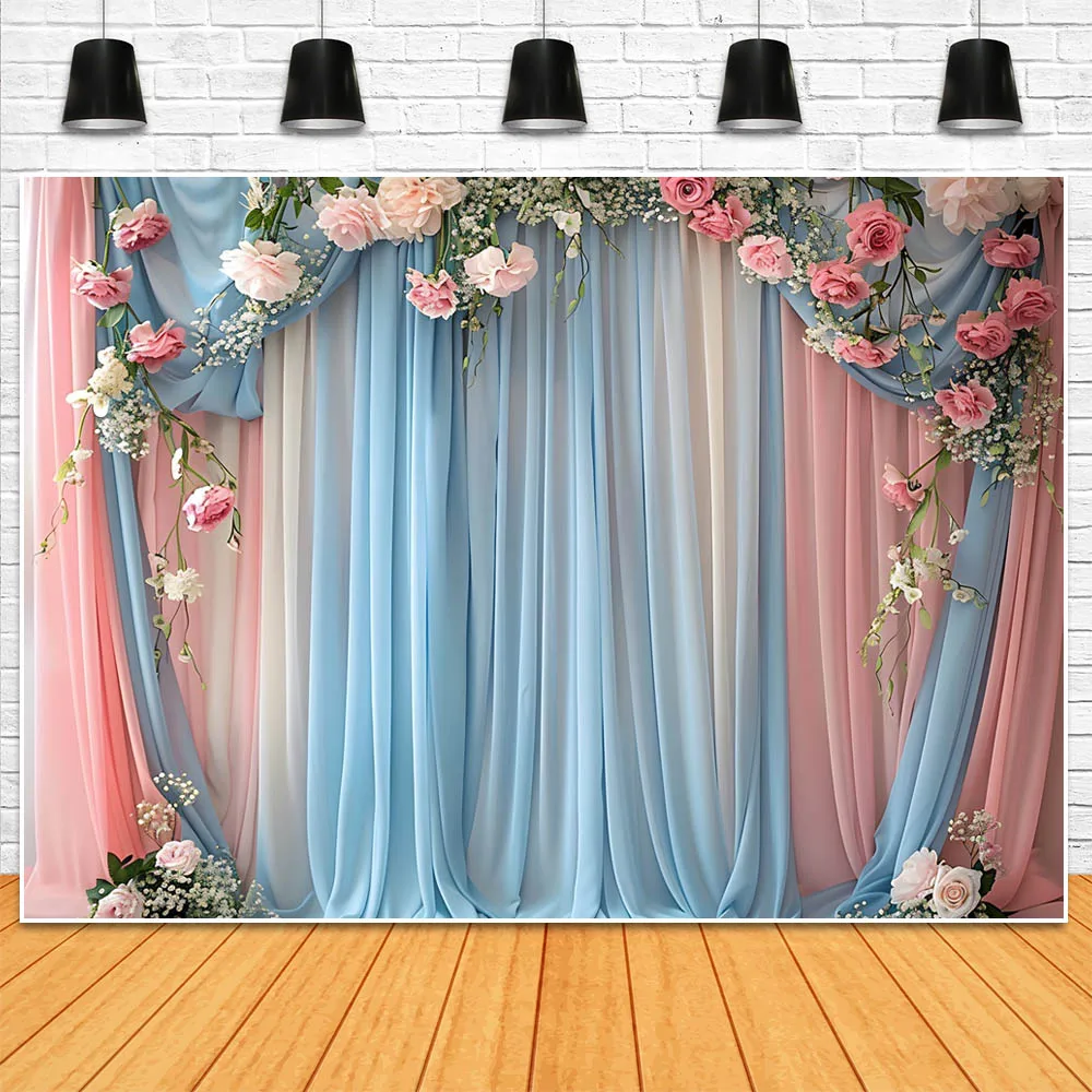 Mocsicka Backdrops for Photography Blue and Pink Curtains Flower Wedding Photo Backgrounds Newborn Photoshoot Props Photo Studio
