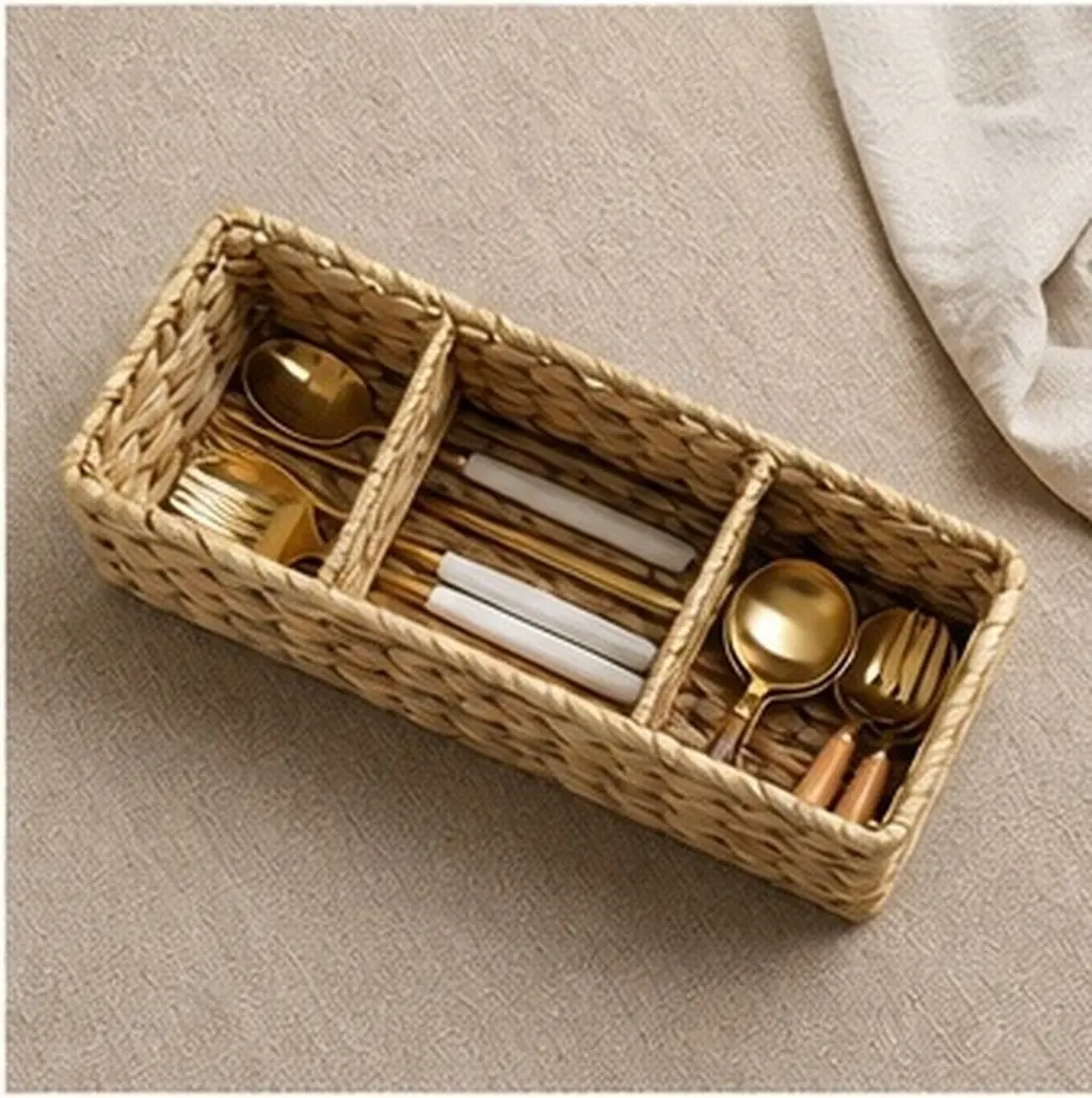 Natural Water Hyacinth 3-Section Woven Desktop Basket for Cutlery Sundries Office Home Organization Multi-Purpose Woven Storage