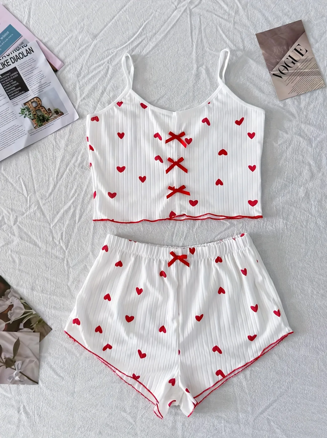 Women Heart Print Ribbed Pajama Set Bow Decor Crop Cami Top and Elastic Shorts Summer Sleepwear Lounge Set 6 Women Heart Print Ribbed Pajama Set Bow Decor Crop Cami Top and Elastic Shorts Summer Sleepwear Lounge Set 6